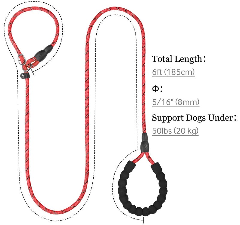 TagME Slip Leads for Dogs, 6 FT Heavy Duty Slip Leash with Padded Handle, Strong Rope No Pull Pet Training Leash for Small Dogs,Red - Image 2